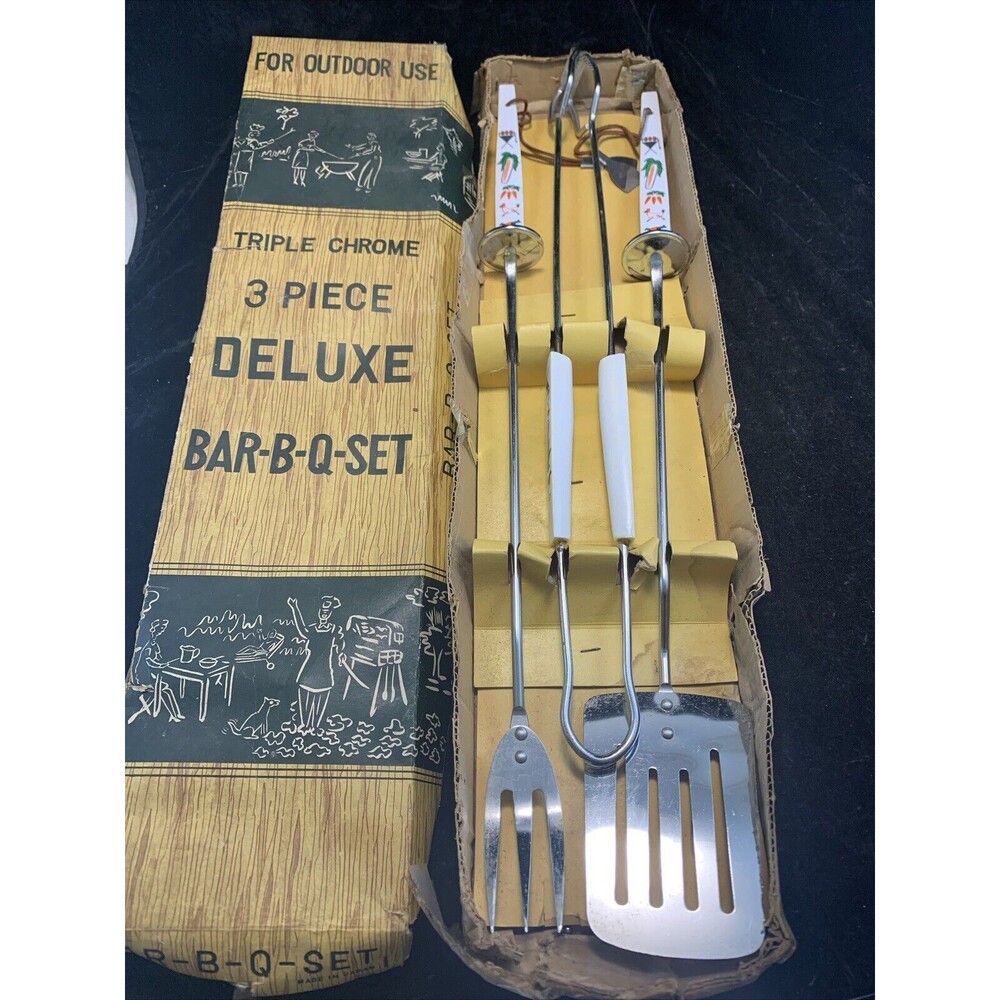Vintage Barbecue BBQ Utensil 3 Piece Set Fork Tongs Spatula MCM Made in Japan